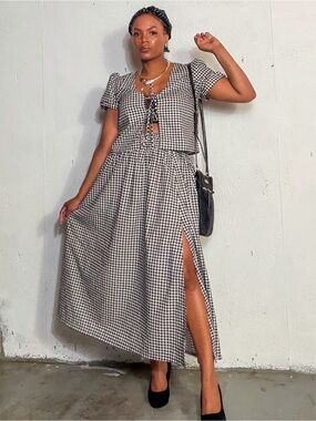 Ardene Black & White Gingham Tie-Front Crop Top and Side-Slit Maxi Skirt Set, L